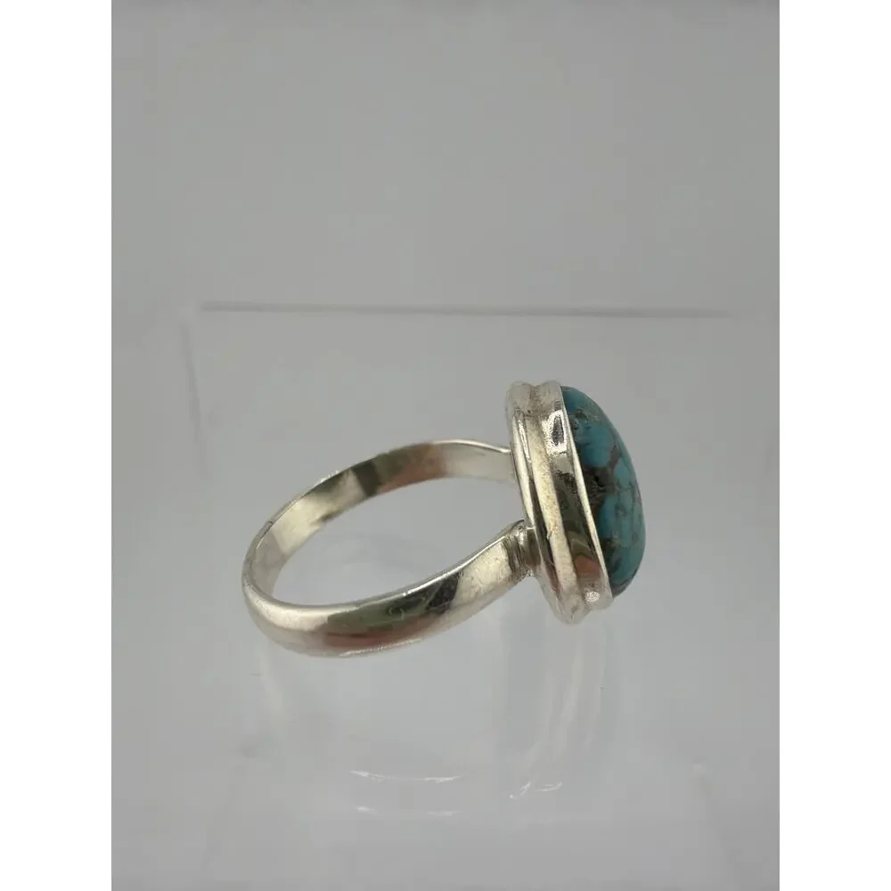Sterling Silver Round Matrix Turquoise Bezel Ring Size 10